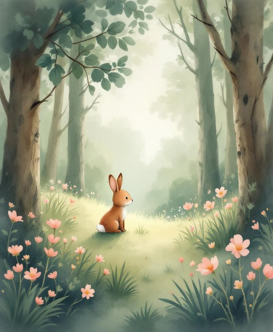 Ilustração em aquarela narrativa de um pequeno coelho em uma floresta primaveril.