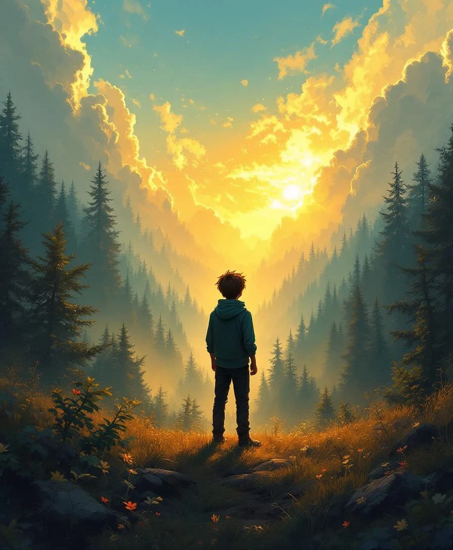 Ilustração em óleo digital de um jovem em paisagem épica ao pôr-do-sol.