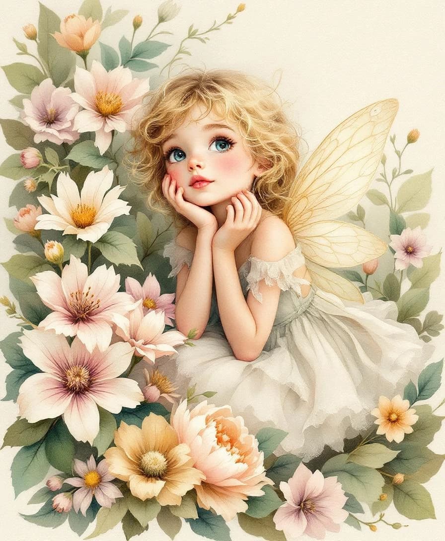 Pequena fada criança de cabelos loiros entre flores ornamentadas em aquarela pastel, no estilo das Flower Fairies de Cicely Mary Barker.
