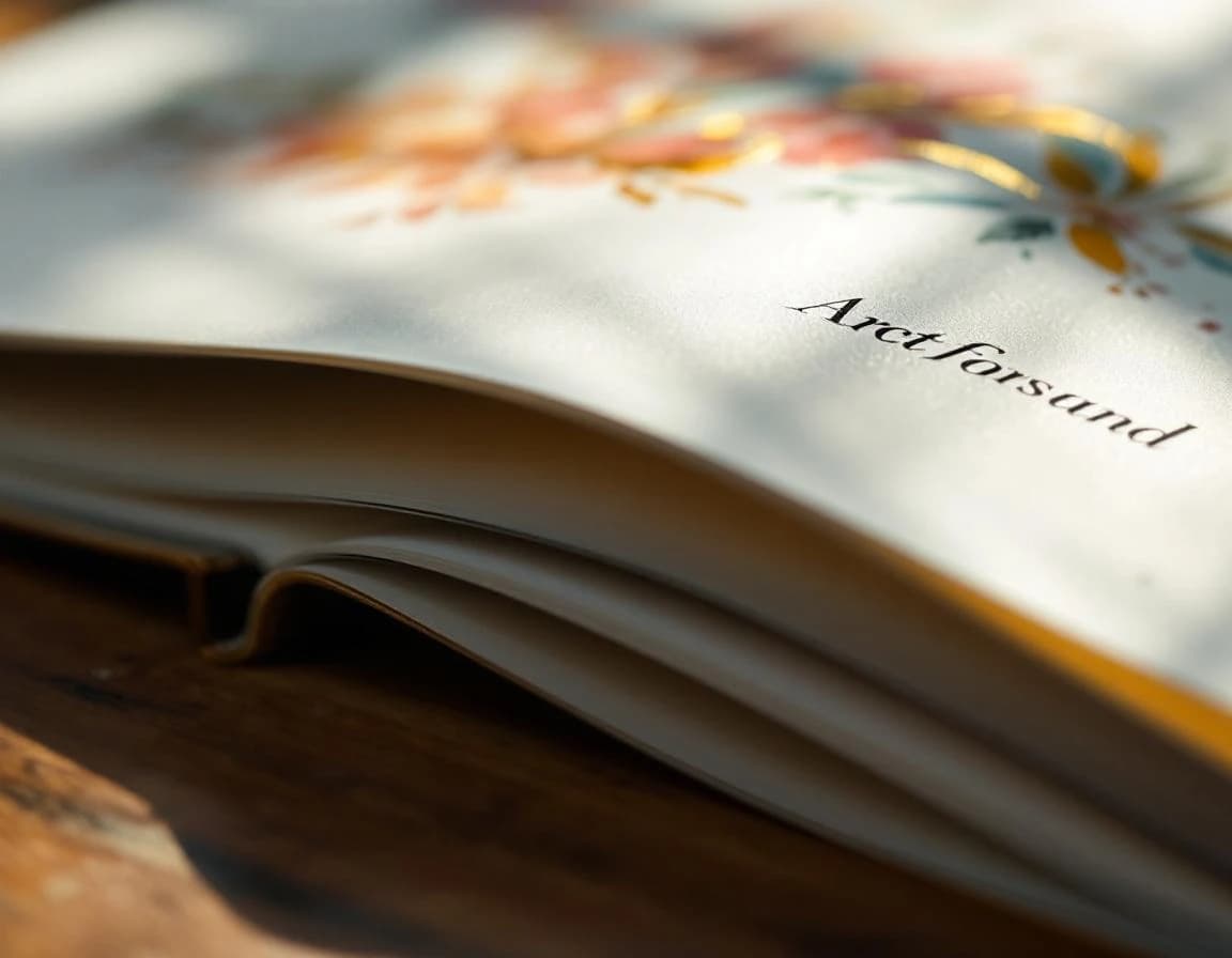 Detalhe macro de página de livro em papel couché branco com ilustração em aquarela e dourado, mostrando textura do papel.
